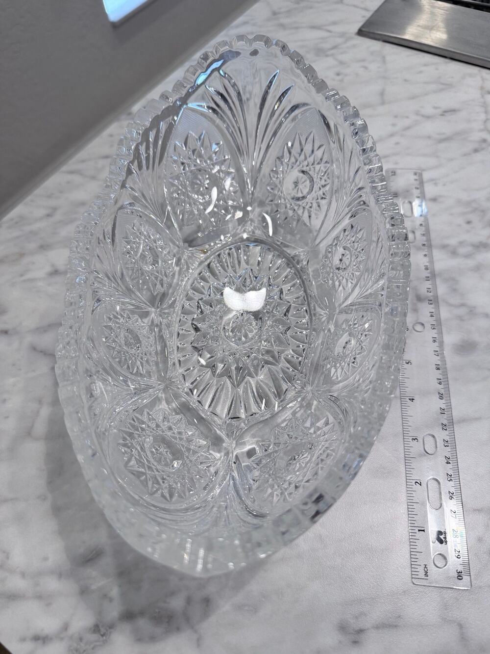 Vintage Oval Pressed Glass Centerpiece Bowl Starburst Fan Pattern Crystal  12”